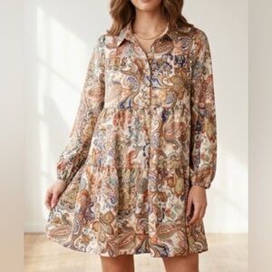 SALANTA Cream Multi MIDI Multicolor Boho Dress Size Large